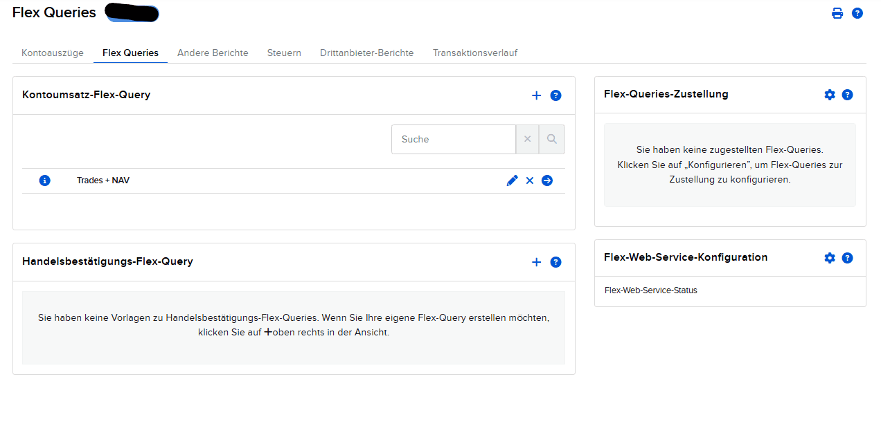 IBKR Flex Queries – gespeicherte Query mit Info- und Zahnrad-Icon