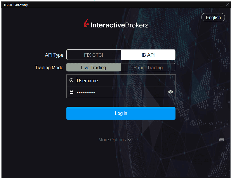 IB Gateway Login – API Type: IB API, Trading Mode: Live Trading